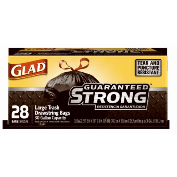 Glad® 78966 Guaranteed Strong Large Trash Drawstring Bags, Black, 30-Gal, 28-Ct