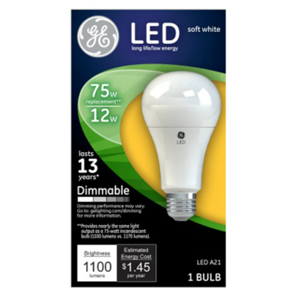 GE® 65735 Dimmable Medium Base A21 Shape LED Light Bulb, Soft White, 800 lm, 12W