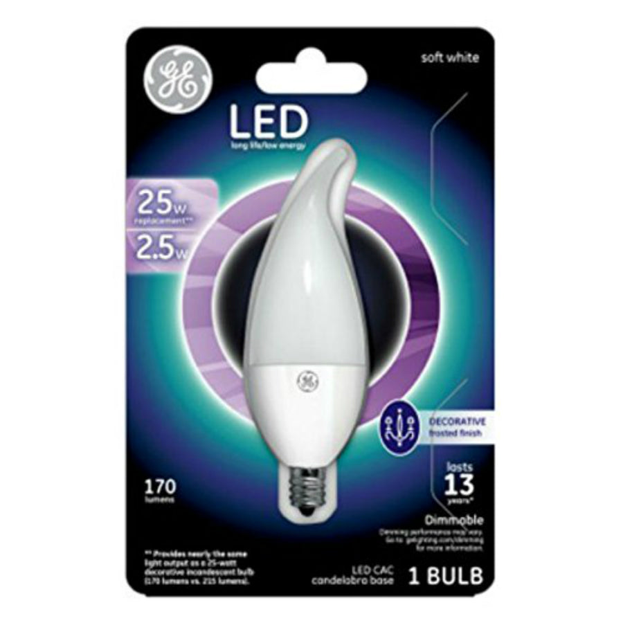 GE® 39759 Dimmable Candelabra CAC Shape LED Light Bulb, Soft White, Clear, 2.5W