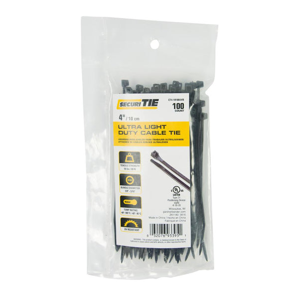 Gardner Bender® CT4-18100UVB Ultra Light Duty Cable Tie, UV Black, 4", 100-Pack