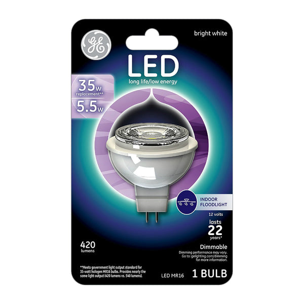 GE 45638 Dimmable Pin Base MR16 Shape Indoor-Floodlight Bulb, Bright White, 5.5W