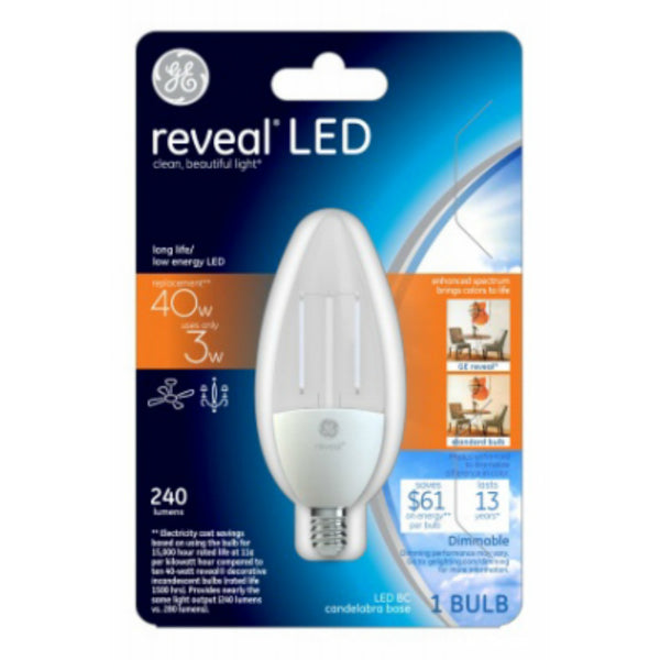 GE® 37285 Reveal Dimmable Candelabra Base BC Shape LED Light Bulb, 240 lm, 3W