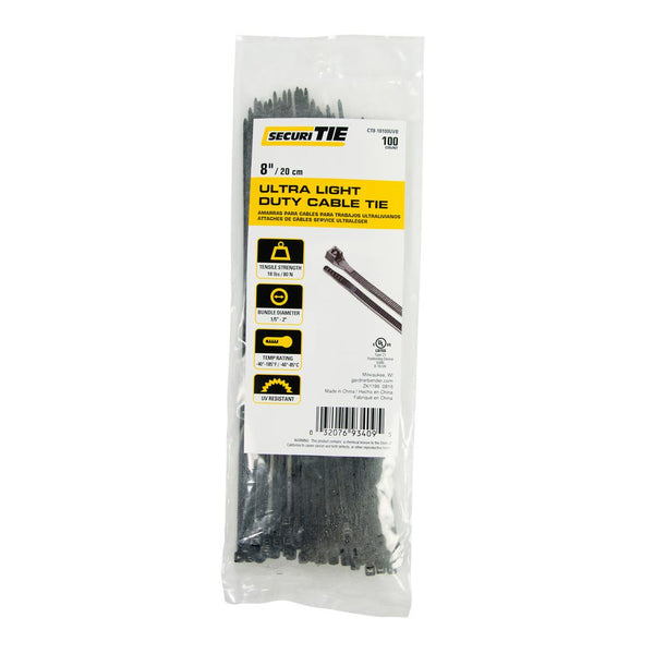 Gardner Bender® CT8-18100UVB Ultra Light Duty Cable Tie, UV Black, 8", 100-Pack