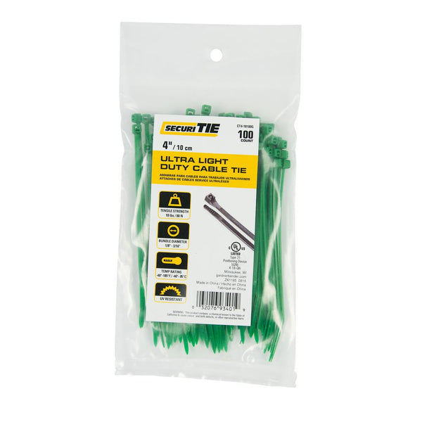 Gardner Bender® CT4-18100G SecuriTie Ultra Light Duty Cable Tie, Green, 4", 100-Pk