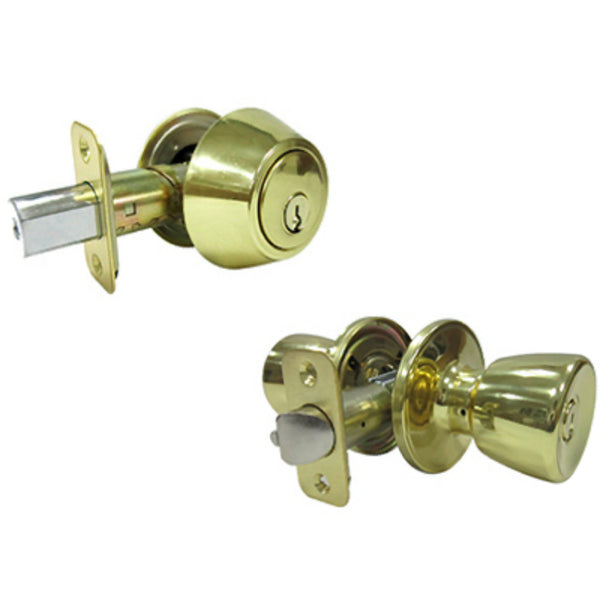Taiwan Fu Hsing BS7L2B-KA3 Keyed Entry Lockset & 1 Double Cylinder Deadbolt, Polish Brass