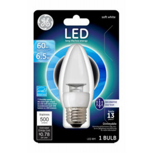 GE® 37265 Dimmable Candelabra Base BM Shape LED Light Bulb, 500 Lumens, 6.5W