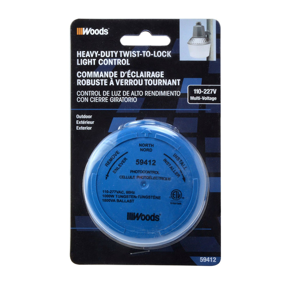 Woods® 59412 Heavy-Duty Outdoor Twist-To-Lock Photocontrol, Blue, 110-277V
