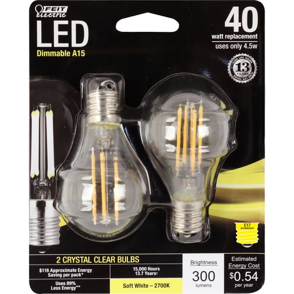Feit Electric BPA1540N/827/LED/2 LED Dimmable A15 Filament Bulb, 4.5W, 120V,2-Pk