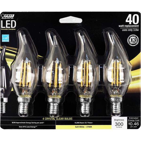 Feit Electric® BPCFC40/827/LED/4 LED Dimmable Chandelier Bulb, 3.8W, 120V, 2-Pk
