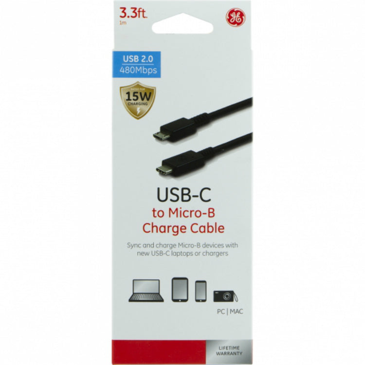 GE 33781 USB-C to Micro-B Charge Cable, 3.3' Long, 15-Watt