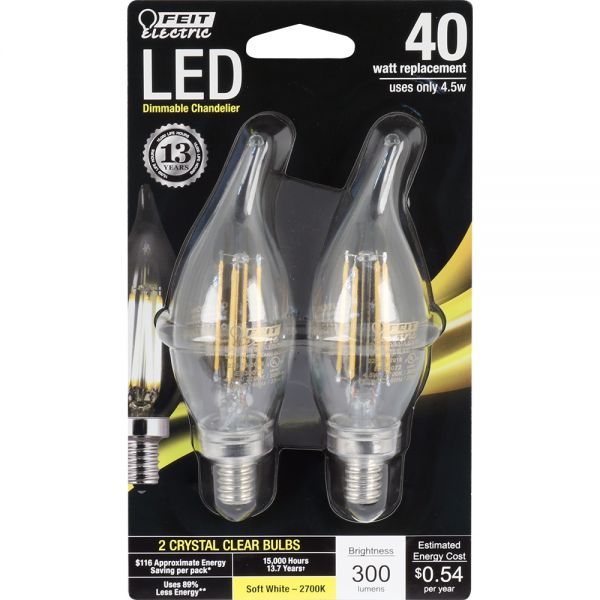 Feit Electric BPCFC40/827/LED/2 LED Dimmable Chandelier Bulb, 4.5W, 120V, 2 Pack