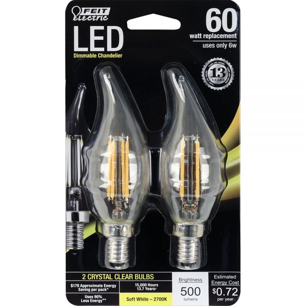 Feit® BPCFC60/827/LED/2 Dimmable Flame Tip LED Bulb, Soft White, 6W, 2-Pack