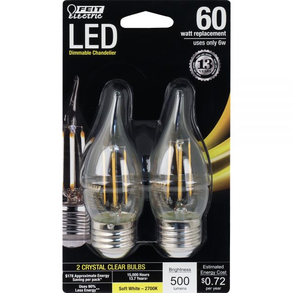 Feit Electric® BPEFC60/827/LED/2 LED Dimmable Chandelier Bulb, 6W, 120V, 2 Pack