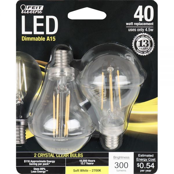 Feit Electric BPA1540C/827/LED/2 LED Dimmable A15 Filament Bulb,4.5W, 120V, 2-Pk
