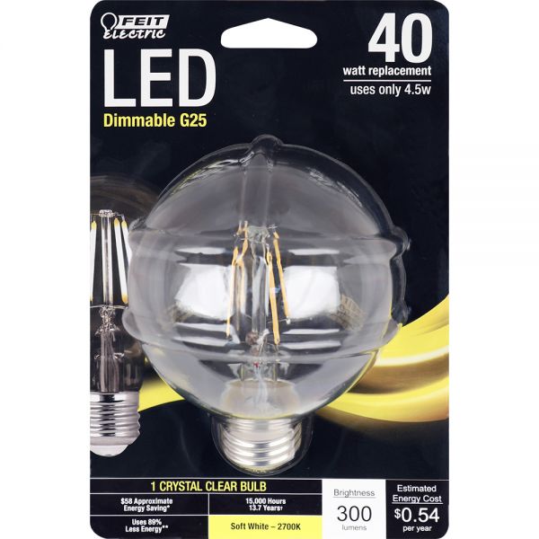 Feit Electric® BPG2540/827/LED Dimmable G25 LED Globe Filament Bulb, Clear, 4.5W