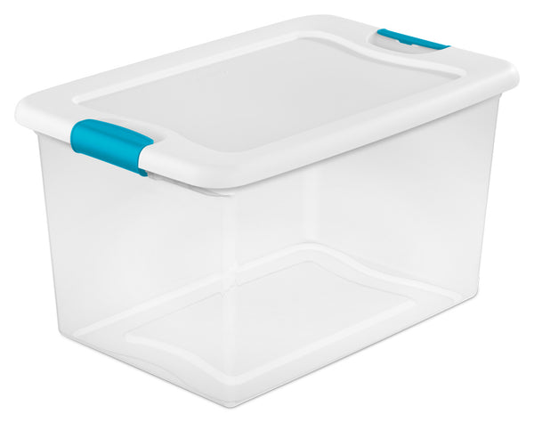 Sterilite 14978006 Clear Latching Storage Box, White Lid & Blue Latches, 64 Qt