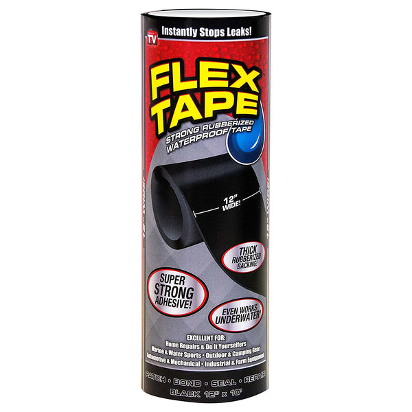 Flex Tape™ TFSBLKR1210 Rubberized Waterproof Tape, Black, 12"x10', As Seen On TV