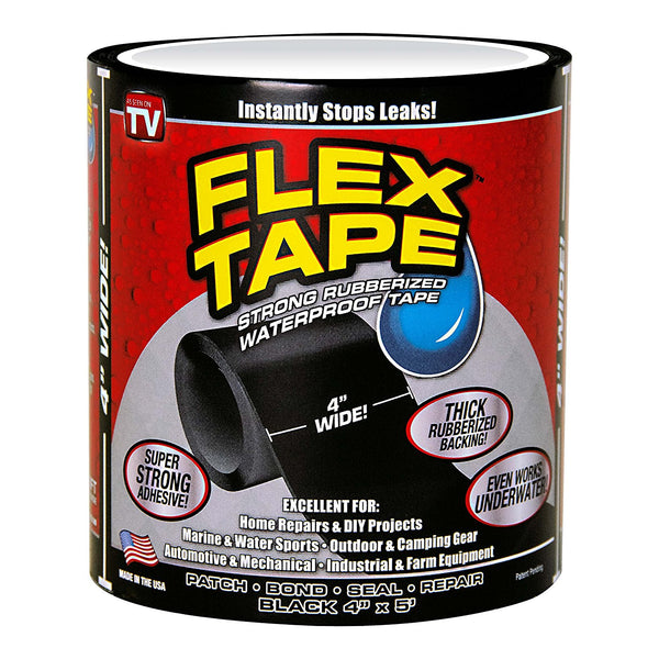 Flex Tape TFSBLKR0405 Rubberized Waterproof Tape, Black, 4"x5', As Seen On TV
