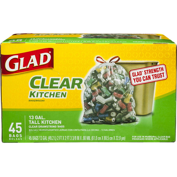 Glad® 78543 Recycling Tall Kitchen Drawstring Clear Bags, 13 Gallon, 45 Count