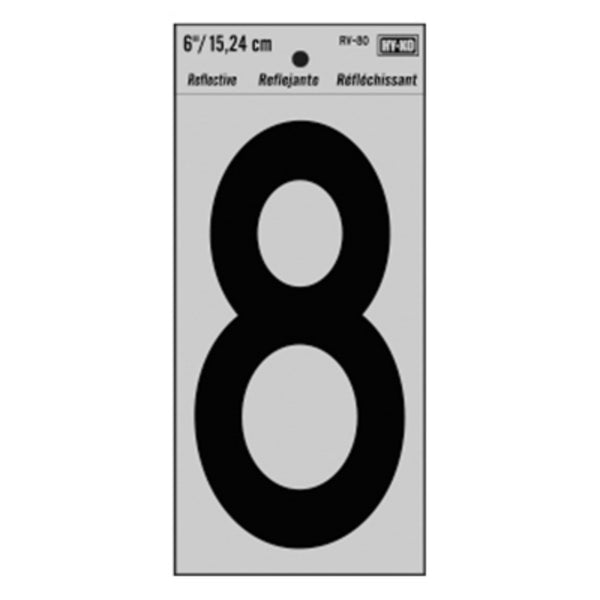 Hy-Ko® RV-80/8 Bend & Peel Reflective Self-Stick Number-8, Black, Vinyl, 6"