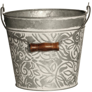 Robert Allen MPT01632 Floral Metal Planter w/ Handle, Galvanized/White Wash, 8"