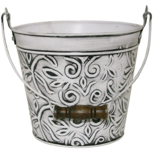 Robert Allen MPT01628 Floral Metal Planter with Handle, Rustic White, 8"