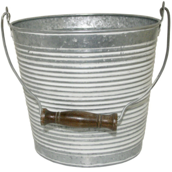 Robert Allen MPT01762 Ribbed Metal Planter w/ Handle, Galvanized/White Wash, 10"
