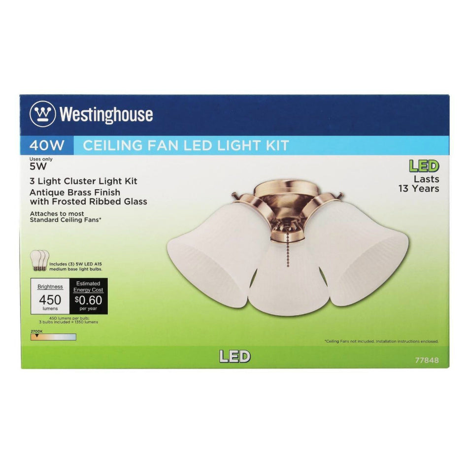 Westinghouse 77848 3-Light LED Cluster Ceiling Fan Light Kit, Antique Brass, 5W
