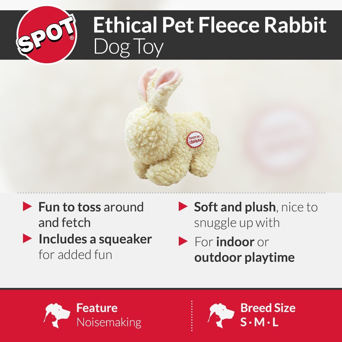 Spot® 5024 Vermont Fleece™ Rabbit with Squeaker Dog Toy, 9"