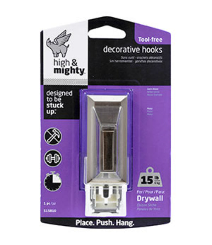 Hillman 515810 High & Mighty Rectangle Small Decorative Hook, Satin Nickel,15 Lb