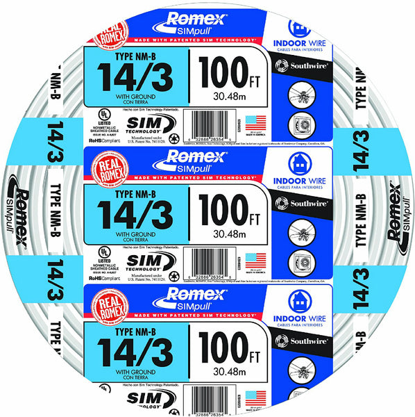 Southwire 63946823 Romex Non-Metallic Sheathed Cable, Copper,100'