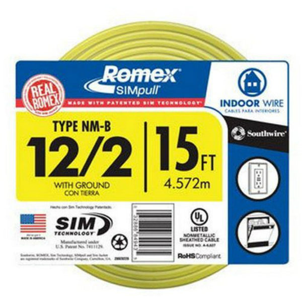Southwire 28828226 Romex Non-Metallic Sheathed Cable w/Ground, 12/2, Copper, 15'