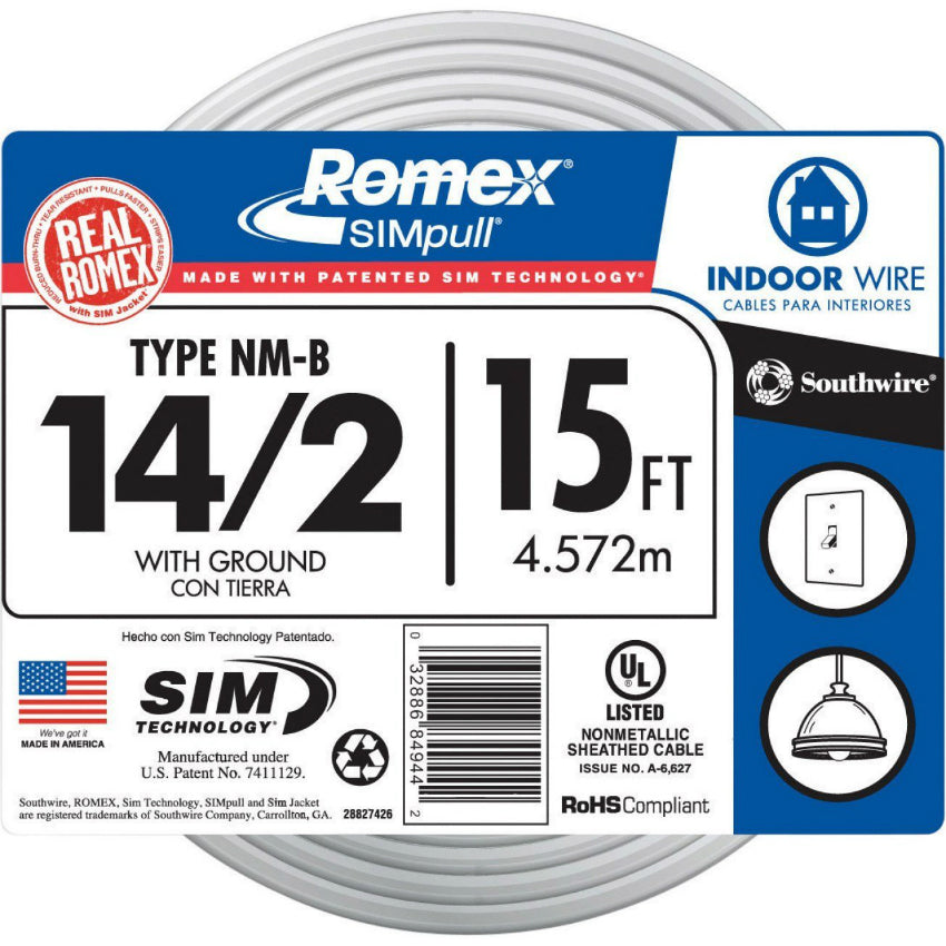 Southwire 28827426 Romex Non-Metallic Sheathed Cable w/Ground, 14/2, Copper, 15'