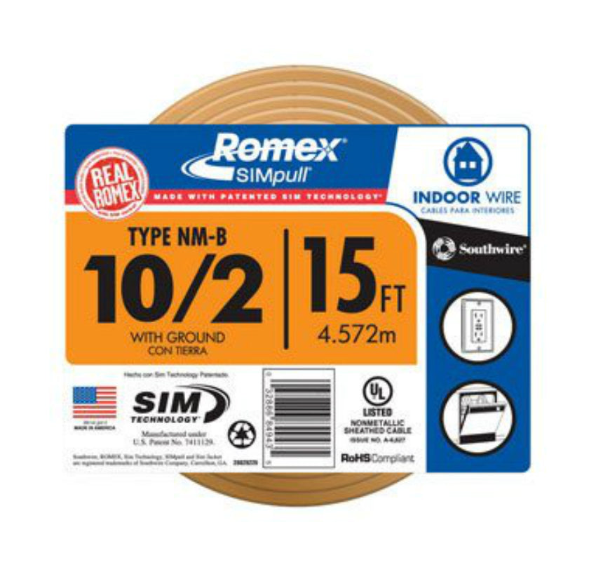 Southwire 28829026 Romex Non-Metallic Sheathed Cable, Copper, 15'