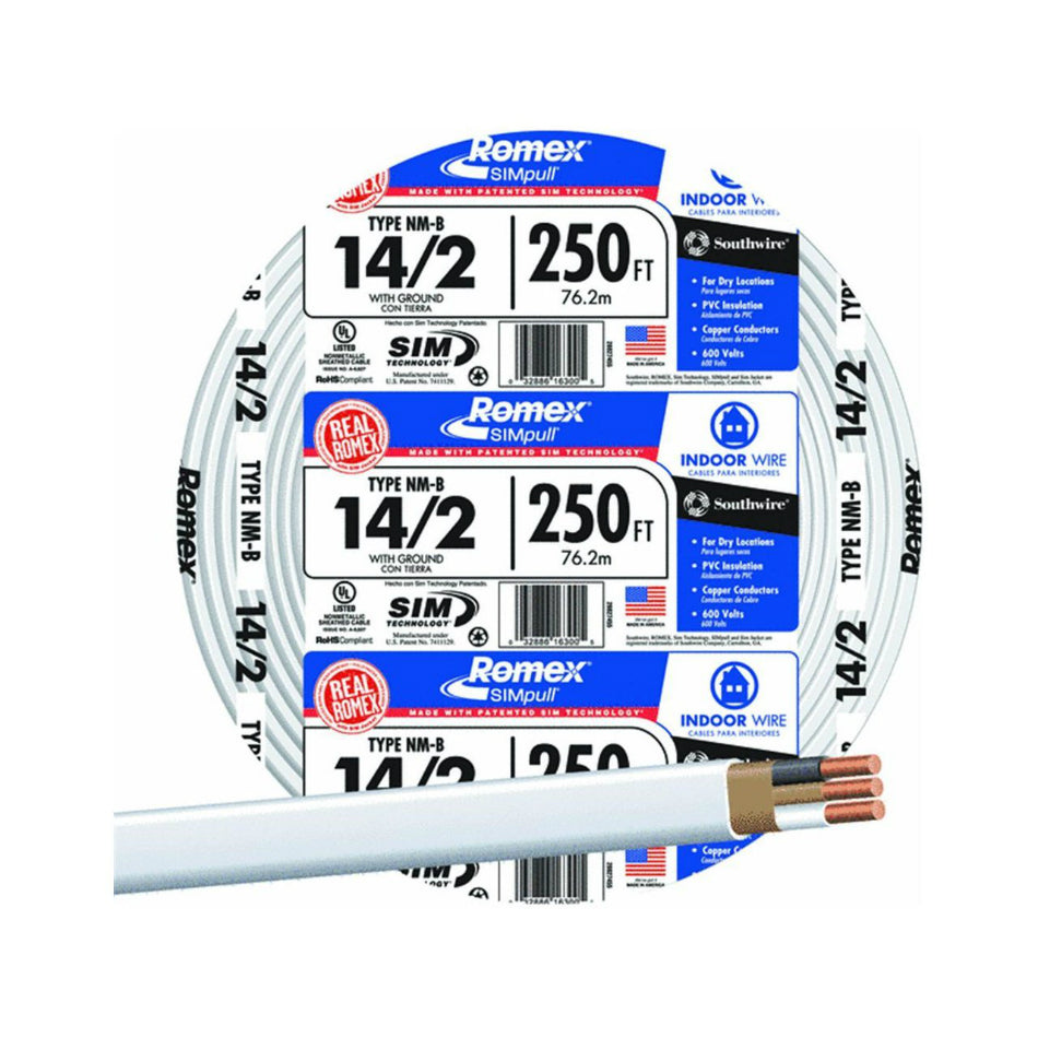 Southwire 28827455 Romex Non-Metallic Sheathed Cable w/Ground, 14/2, Copper,250'