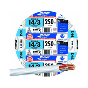 Southwire 63946855 Romex Non-Metallic Sheathed Cable w/Ground, 14/3, Copper,250'