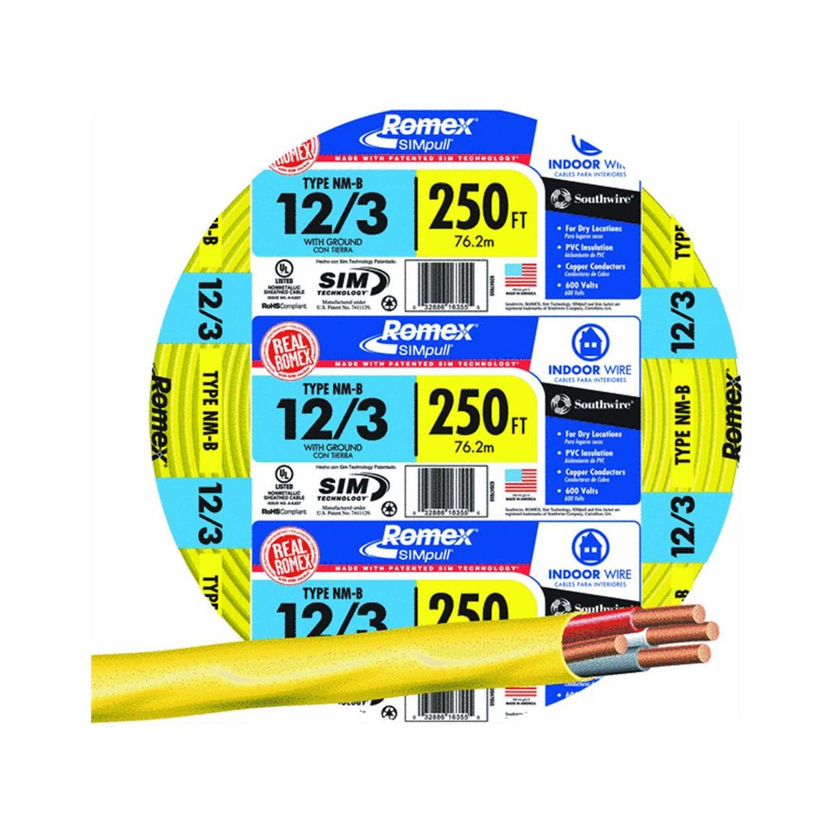 Southwire 63947655 Romex Non-Metallic Sheathed Cable w/Ground, 12/3, Copper,250'