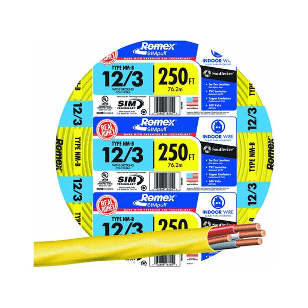 Southwire 63947655 Romex Non-Metallic Sheathed Cable w/Ground, 12/3, Copper,250'