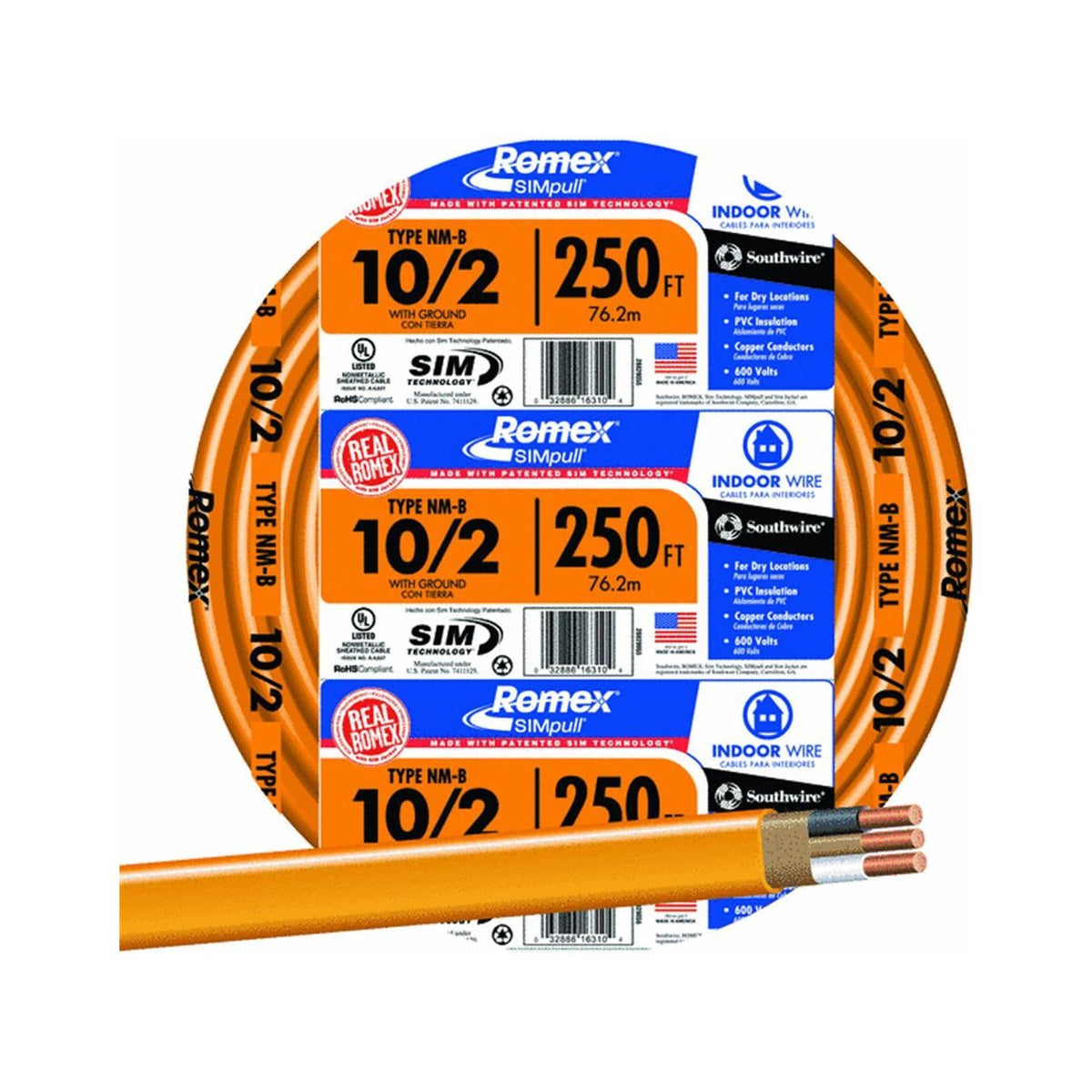 Southwire 28829055 Romex Non-Metallic Sheathed Cable w/Ground, 10/2, Copper,250'