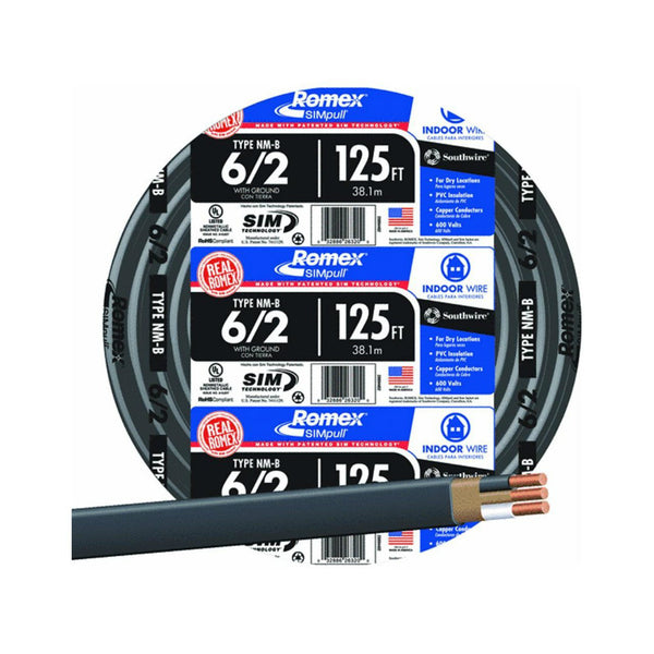 Southwire® 28894402 Non-Metallic Sheathed Cable with Ground, 6/2, Copper, 125'