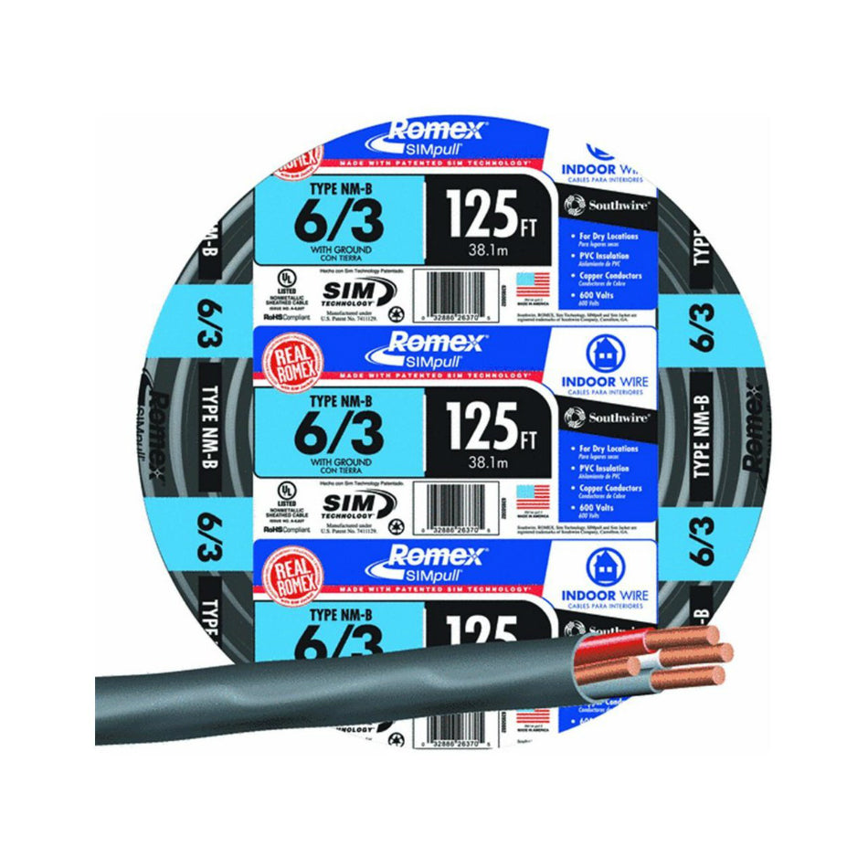 Southwire 63950002 Romex 6/3 Non-Metallic Sheathed Cable, Copper, 125'