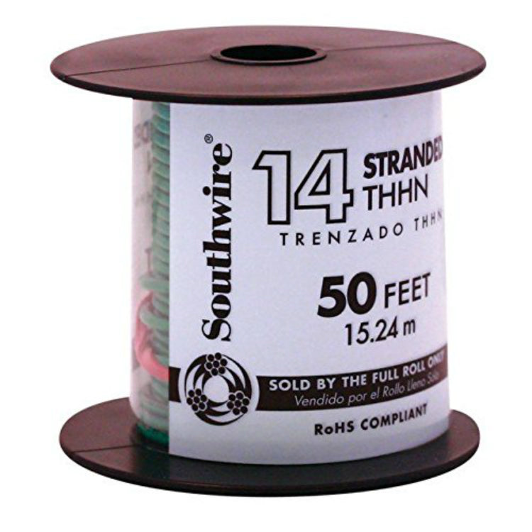 Southwire® 22959151 Type THHN 14 Stranded Building Wire, Green, 50'