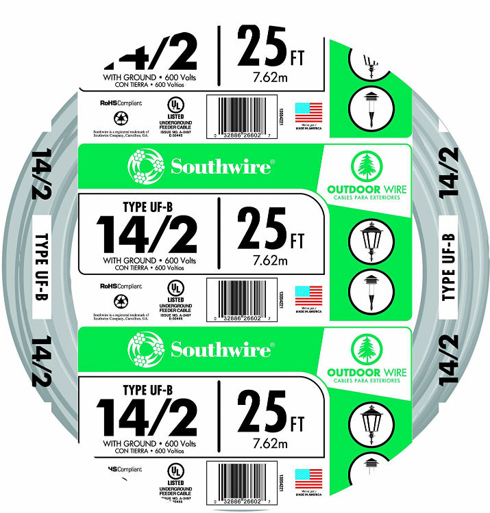 Southwire® 13054221 Underground Feeder Cable with Ground, 14/2, 25'