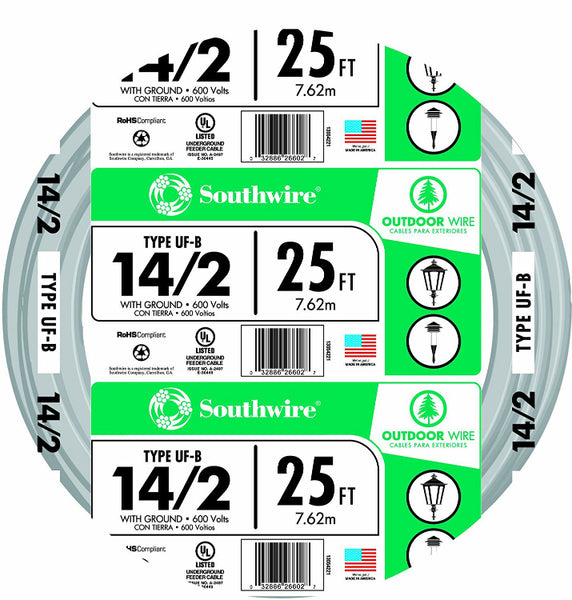 Southwire® 13054221 Underground Feeder Cable with Ground, 14/2, 25'