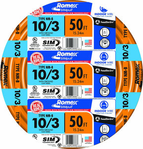Southwire 63948522 10/3 Solid Romex Type NM-B WG Non-Metallic Wire, 50 ft.