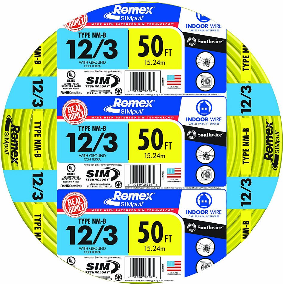 Southwire 63947622 Romex Non-Metallic Sheathed Cable w/Ground, 12/3, Copper, 50'