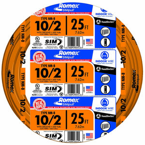 Southwire 28829021 Romex Non-Metallic Sheathed Cable w/Ground, 10/2, Copper, 25'
