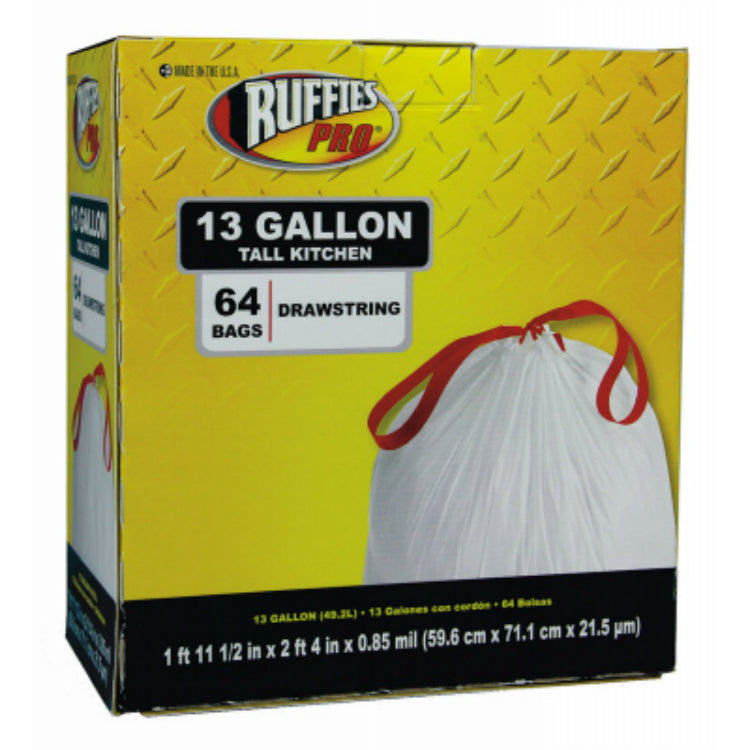 Ruffies 1124888 Drawstring Tall Kitchen Trash Bags, White, 13-Gallon, 64-Count