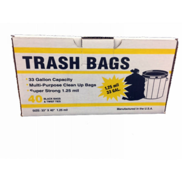 Primrose Plastics 33400 Large Trash Bag w/ Twist Tie, Black, 33 Gallon, 40-Count