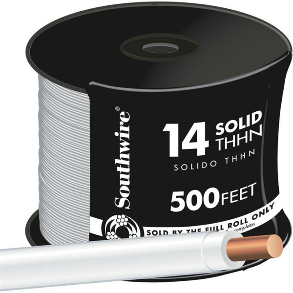 Southwire® 11580858 Type THHN Nylon Jacketed 14 Solid Building Wire, White, 500'
